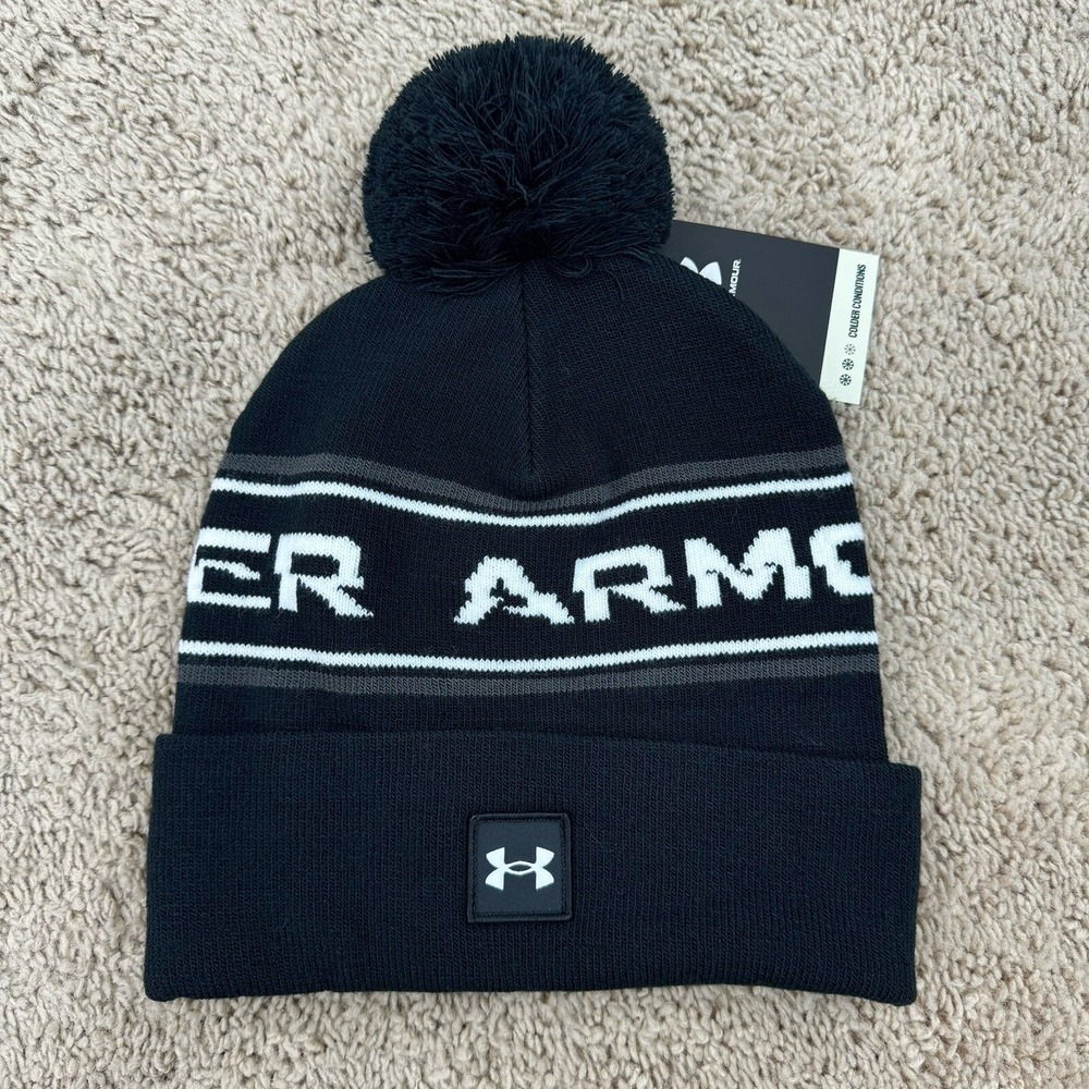 Under Armour Beanie UA Men's Halftime Black Cuffed Pom Spell Out Knit‎ Hat NWT
